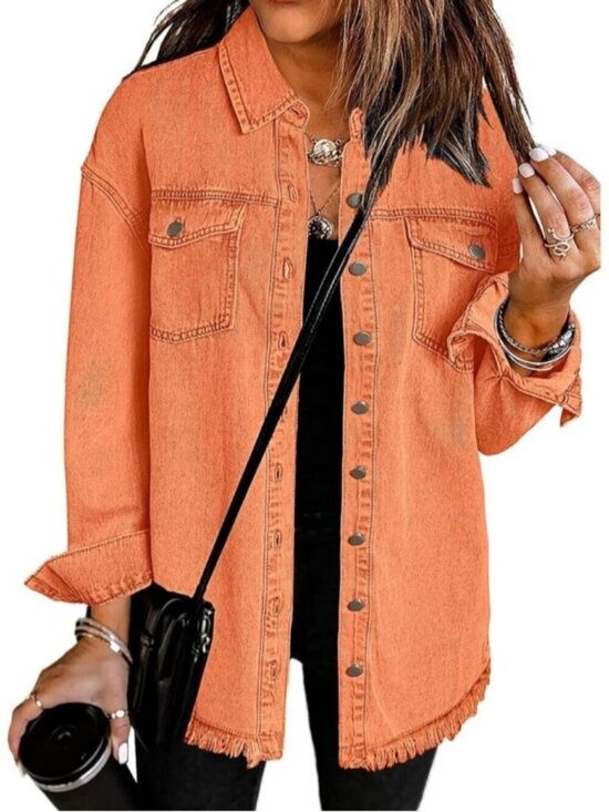 Jackets & Blazers - 〽️Women Orange Drop Shoulder Button Up Oversized Frayed Raw Hem Denim Jean Jacke